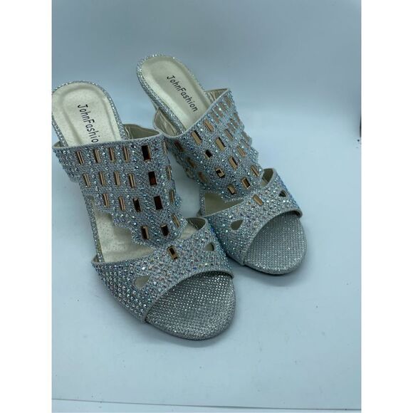 John Fashion Women's Silver Rhinestone Beaded Open Toe Wedge Heel Size 7 - Picture 8 of 11